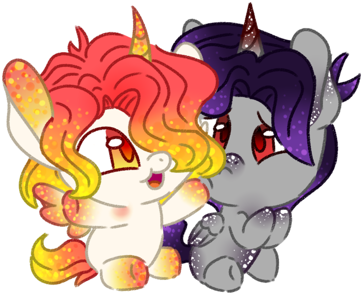 Size: 1080x876 | Tagged: safe, artist:lanternomega, artist:maximumpiracy, derpibooru import, oc, oc:aubade, oc:lunarian, unofficial characters only, alicorn, pony, once upon a zeppelin, alicorn oc, baby, baby pony, base used, duo, horn, image, offspring, parent:king sombra, parent:princess celestia, parents:celestibra, png, simple background, transparent background, wings