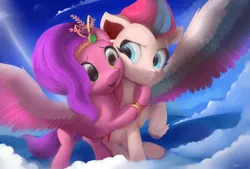 Size: 4292x2900 | Tagged: safe, artist:auroriia, derpibooru import, pipp petals, zipp storm, pegasus, pony, my little pony: a new generation, adorapipp, adorazipp, circlet, cloud, colored hooves, colored wings, cute, duo, duo female, eyebrows, female, flying, g5, hooves, hug, image, mare, multicolored wings, open mouth, png, siblings, signature, sisters, sky, spread wings, three quarter view, unshorn fetlocks, wings