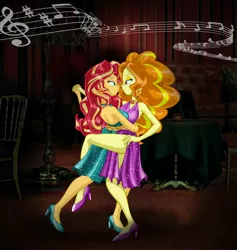 Size: 2196x2320 | Tagged: safe, artist:ponymaan, derpibooru import, adagio dazzle, sunset shimmer, equestria girls, backless, bare shoulders, clothes, dancing, duo, female, high heels, image, lesbian, music notes, png, shipping, shoes, sleeveless, sunsagio, tango