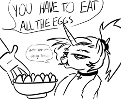 Size: 1000x820 | Tagged: safe, artist:velgarn, derpibooru import, oc, oc:dyx, unofficial characters only, alicorn, human, pony, 4chan, bathrobe, black and white, bowl, choker, cigarette, clothes, egg (food), food, grayscale, image, lidded eyes, meme, monochrome, offscreen character, older dyx, png, robe, scrunchy face, simple background, smoking, this will end in colic, white background, you have to eat all the eggs