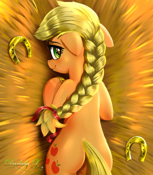 Size: 1915x2193 | Tagged: safe, artist:darksly, derpibooru import, applejack, earth pony, pony, alternate hairstyle, blushing, body pillow, butt, cute, female, hay, horseshoes, image, jackabetes, jpeg, looking at you, mare, plot, solo