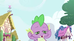 Size: 1920x1080 | Tagged: safe, derpibooru import, screencap, spike, dragon, friendship is magic, season 1, day, image, lidded eyes, open mouth, outdoors, png, ponyville, reaction, solo