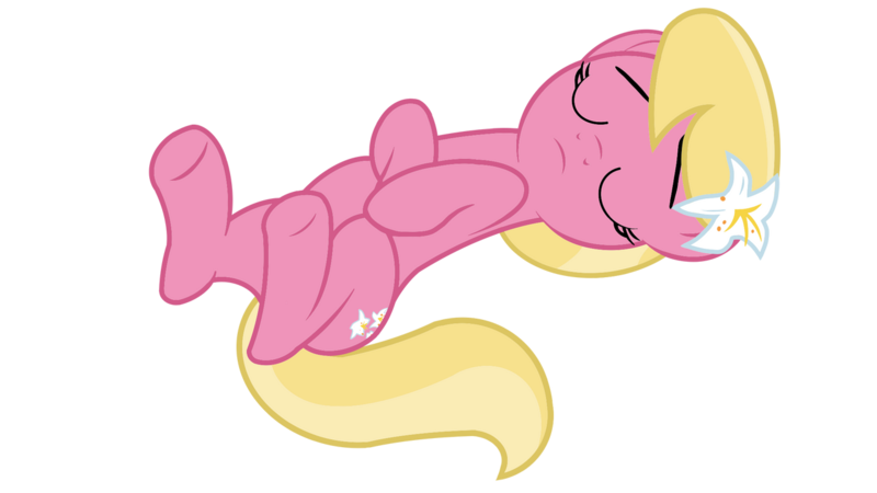Size: 1280x720 | Tagged: safe, artist:onebigbarbarian, derpibooru import, lily, lily valley, earth pony, pony, cute, eyes closed, female, flower, flower in hair, image, lilybetes, lying down, mare, on back, playing dead, png, simple background, transparent background, vector