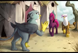 Size: 4100x2800 | Tagged: safe, artist:nsfwbonbon, derpibooru import, edit, fizzlepop berrytwist, gabby, gilda, tempest shadow, gryphon, pony, unicorn, broken horn, butt, claws, feather, female, folded wings, frown, griffonstone, horn, image, mare, plot, png, scar, tail, waving, wings
