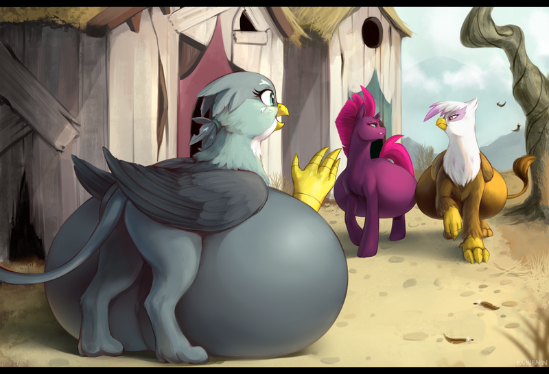 Size: 4100x2800 | Tagged: questionable, artist:nsfwbonbon, derpibooru import, edit, fizzlepop berrytwist, gabby, gilda, tempest shadow, gryphon, unicorn, belly, big belly, claws, female, females only, griffonstone, huge belly, hyper, hyper belly, hyper pregnancy, image, impossibly large belly, looking at each other, looking at someone, png, pregnant, rear view, tail, waving, wings