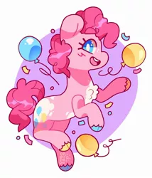 Size: 1916x2241 | Tagged: safe, artist:cocopudu, derpibooru import, pinkie pie, earth pony, pony, balloon, chest fluff, coat markings, colored hooves, confetti, female, image, jpeg, mare, multicolored hooves, no pupils, open mouth, open smile, simple background, smiling, solo, unshorn fetlocks, white background