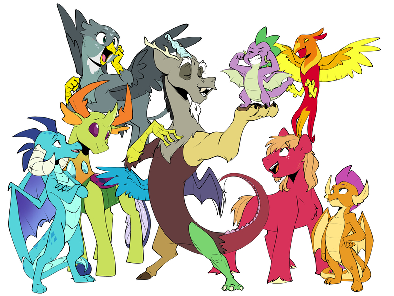 Size: 6000x4500 | Tagged: safe, artist:chub-wub, derpibooru import, big macintosh, discord, gabby, philomena, princess ember, smolder, spike, thorax, changedling, changeling, draconequus, dragon, earth pony, gryphon, phoenix, pony, eyes closed, grin, group, image, jpeg, male, open mouth, simple background, smiling, spike day, stallion, unshorn fetlocks, white background, winged spike, wings