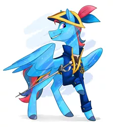 Size: 2408x2700 | Tagged: safe, artist:luximus17, derpibooru import, oc, oc:andrew swiftwing, oc:swift sail, unofficial characters only, crystal pony, pegasus, pony, alternate universe, clothes, coat, fantasy class, feather, hat, image, png, raised hoof, rapier, solo, sword, weapon, wings