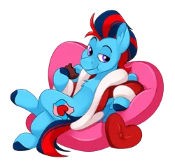 Size: 2709x2520 | Tagged: suggestive, artist:luximus17, derpibooru import, oc, oc:andrew swiftwing, unofficial characters only, pegasus, pony, chocolate, clothes, eating, food, heart, heart pillow, image, looking at you, male, pillow, png, robe, seductive pose, solo, stallion, wings