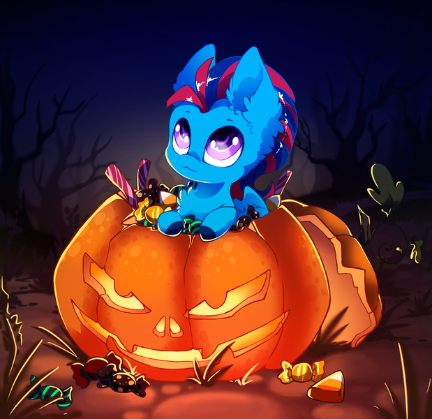 Size: 3290x3189 | Tagged: safe, artist:arctic-fox, derpibooru import, oc, oc:andrew swiftwing, unofficial characters only, pegasus, pony, candy, chibi, colt, cute, foal, food, halloween, holiday, image, jack-o-lantern, male, png, pumpkin