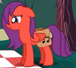 Size: 372x334 | Tagged: safe, artist:jan, derpibooru import, oc, oc:berry sweet, unofficial characters only, pegasus, pony, bag, image, looking down, music notes, png, sad, saddle bag