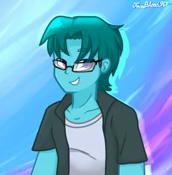 Size: 1911x1946 | Tagged: safe, artist:janeblood969, derpibooru import, oc, oc:winter sky, equestria girls, clothes, gift art, glasses, image, male, png, shirt, short hair, simple background, smiling