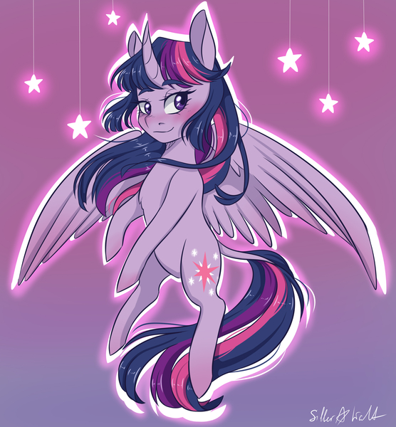 Size: 2500x2700 | Tagged: safe, artist:silbersternenlicht, derpibooru import, twilight sparkle, twilight sparkle (alicorn), alicorn, pony, blushing, eyebrows, eyebrows visible through hair, female, gradient background, high res, image, jpeg, mare, smiling, solo, spread wings, stars, wings