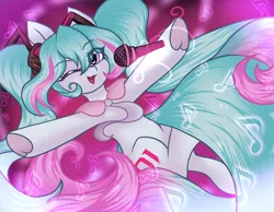 Size: 1800x1400 | Tagged: safe, artist:kitsumebutterfy, artist:tresmariasarts, derpibooru import, ponified, earth pony, pony, anime, hatsune miku, headphones, heart eyes, image, jewelry, microphone, mlpart, mlpfanart, my little pony, necklace, one eye closed, open mouth, png, vocaloid, wingding eyes