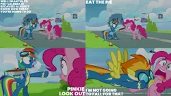 Size: 1280x720 | Tagged: safe, derpibooru import, edit, edited screencap, editor:quoterific, screencap, pinkie pie, rainbow dash, spitfire, earth pony, pegasus, pony, season 7, secrets and pies, bipedal, clothes, female, flying, food, image, mare, open mouth, open smile, pie, png, smiling, uniform, wonderbolts uniform