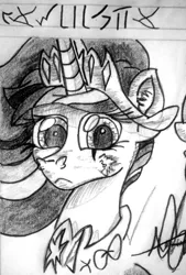 Size: 3006x4453 | Tagged: safe, artist:aldairsparkle, derpibooru import, oc, oc:twilight, alicorn, pegasus, pony, unicorn, all'swork studios, image, jpeg, pencil, pencil drawing, photo, serious, serious face, solo, spoilers for another series, traditional art, twilight queen, unknown language