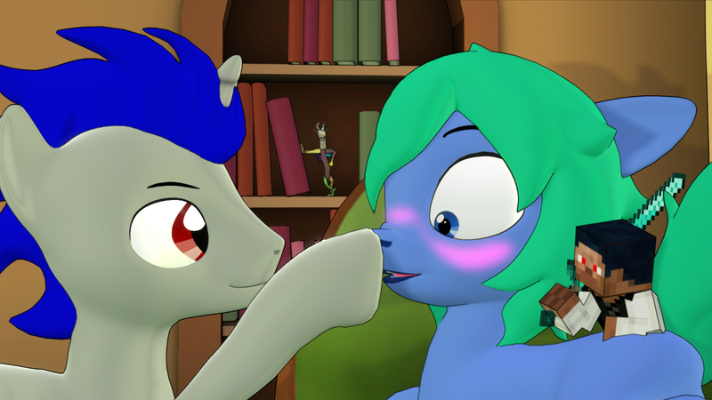 Size: 1280x720 | Tagged: safe, artist:zeka10000, derpibooru import, discord, oc, oc:enigan, oc:nina dasher, earth pony, human, pony, unicorn, 3d, blushing, book, bookshelf, boop, cottage, couch, diamond sword, female, floppy ears, fluttershy's cottage, image, lying, male, mare, minecraft, png, smiling, source filmmaker, stallion, surprised, sword, weapon