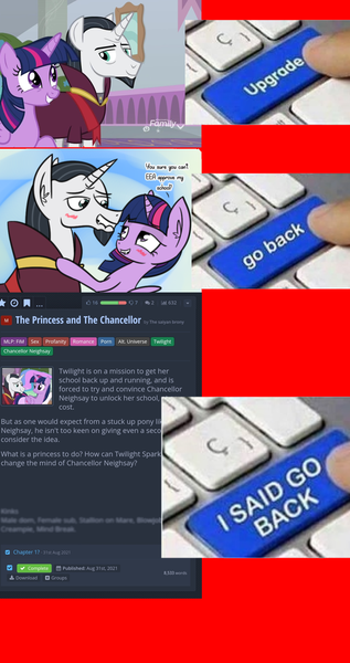 Size: 1995x3776 | Tagged: suggestive, artist:decokelow, derpibooru import, screencap, chancellor neighsay, twilight sparkle, alicorn, pony, unicorn, school raze, blushing, female, fimfiction, image, male, mare, meme, neighsparkle, png, shipping, smiling, stallion, straight, the princess and the chancellor, upgrade, upgrade meme