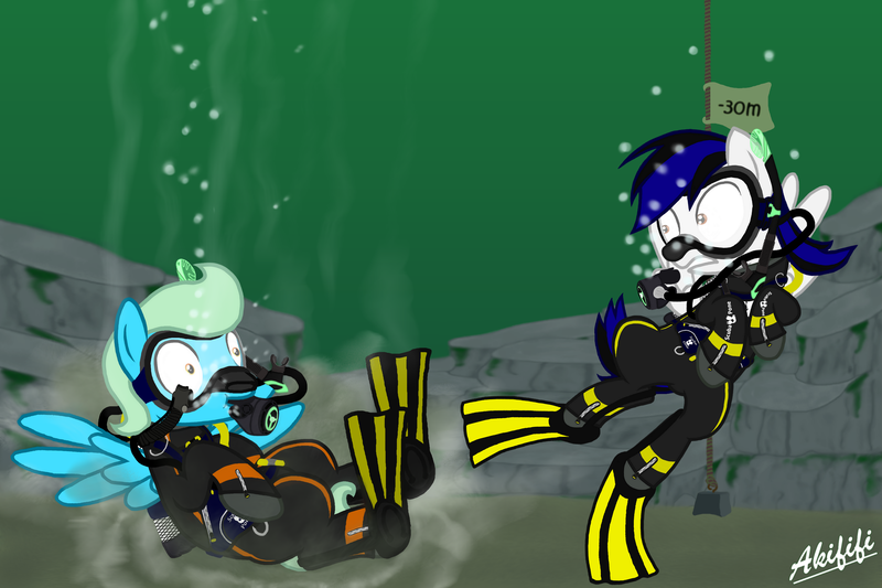 Size: 3000x2000 | Tagged: safe, artist:akififi, derpibooru import, oc, oc:sea glow, pegasus, pony, air tank, crash, duo, fail, flippers, image, png, scuba, scuba diving, scuba mask, spooked, surprised, underwater, wetsuit