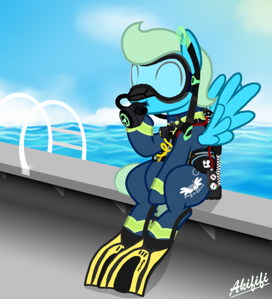 Size: 4000x4400 | Tagged: safe, artist:akififi, derpibooru import, oc, oc:sea glow, pegasus, pony, air tank, boat, flippers, happy, image, ocean, png, scuba, scuba diving, scuba mask, sitting, solo, water, wetsuit