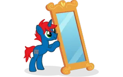 Size: 1098x691 | Tagged: safe, artist:ry-bluepony1, artist:tominokurra, derpibooru import, oc, oc:train track, pony, unicorn, base used, cutie mark, green eyes, hair, horn, image, male, mane, mirror, png, show accurate, smiling, stallion, tail