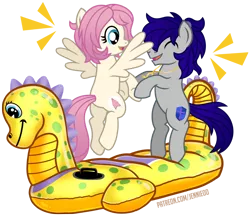 Size: 1100x950 | Tagged: safe, artist:jennieoo, derpibooru import, oc, oc:gentle star, oc:maverick, earth pony, pegasus, pony, happy, holding hooves, image, inflatable, inflatable toy, jumping, laughing, png, simple background, smiling, spread wings, transparent background, vector, wings