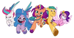 Size: 1016x527 | Tagged: safe, derpibooru import, official, hitch trailblazer, izzy moonbow, pipp petals, sunny starscout, zipp storm, earth pony, pegasus, pony, unicorn, my little pony: tell your tale, 2d, bag, big grin, bracelet, confident, cute, excited, female, flying, friendly, g5, grin, happy, hasbro, hitchbetes, image, izzybetes, jewelry, looking at you, multicolored hair, png, raised eyebrow, running, siblings, simple background, sisters, smiling, stylized, sunnybetes, transparent background