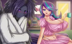 Size: 1800x1118 | Tagged: suggestive, artist:fenrox, derpibooru import, starlight glimmer, oc, human, bed, beverage, big breasts, blushing, breasts, busty starlight glimmer, commission, cup, female, huge breasts, humanized, image, jpeg, male, open mouth, smiling
