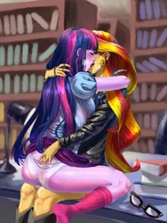 Size: 2000x2660 | Tagged: artist needed, suggestive, derpibooru import, sci-twi, sunset shimmer, twilight sparkle, equestria girls, female, image, kissing, lesbian, library, png, scitwishimmer, shipping, sunsetsparkle