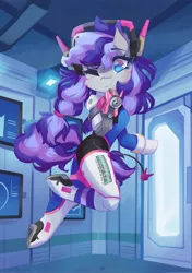 Size: 1438x2048 | Tagged: oc name needed, safe, artist:saxopi, derpibooru import, oc, oc:cinnabyte, ponified, unofficial characters only, earth pony, pony, semi-anthro, accessories, clothes, colored pupils, cosplay, costume, crossover, d.va, door, facial markings, female, futuristic, gun, hairband, headphones, image, jpeg, looking at you, one eye closed, overwatch, solo, tail, two toned mane, two toned tail, video game crossover, weapon, whisker markings, wink, winking at you