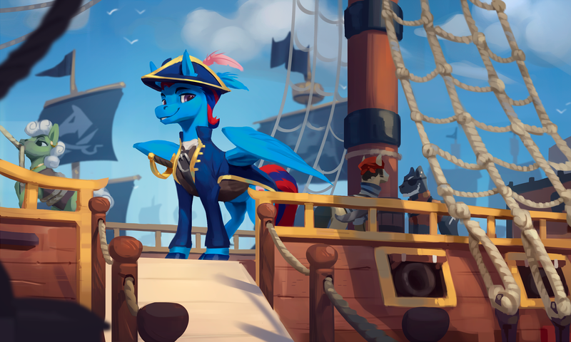 Size: 2000x1201 | Tagged: safe, artist:rodrigues404, derpibooru import, oc, oc:andrew swiftwing, oc:swift sail, unofficial characters only, earth pony, pegasus, pony, alternate universe, bandana, boat, cannon, clothes, coat, ear piercing, earring, eyepatch, fantasy class, feather, flag, hat, image, jewelry, looking at you, male, painting, piercing, pirate ship, png, rapier, rope, sailor, sailor uniform, ship, smiling, stallion, sword, uniform, weapon