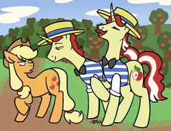 Size: 985x751 | Tagged: safe, artist:/d/non, derpibooru import, applejack, flam, flim, earth pony, pony, unicorn, apple, apple tree, brothers, facial hair, flim flam brothers, food, grumpy, image, male, moustache, png, siblings, smiling, tree