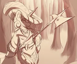 Size: 3436x2840 | Tagged: safe, artist:czu, derpibooru import, oc, oc:charm, unofficial characters only, semi-anthro, clothes, forest, halberd, hat, image, landsknecht, png, tree, weapon