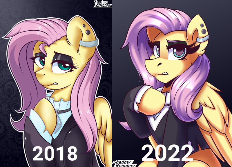 Size: 919x663 | Tagged: safe, artist:shadowreindeer, derpibooru import, fluttershy, pony, 2018vs2022, fluttergoth, image, png, remake, remake old art, vs