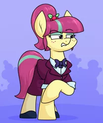 Size: 1474x1762 | Tagged: safe, artist:moonatik, derpibooru import, sour sweet, ponified, earth pony, pony, abstract background, bowtie, cherry, clothes, crystal prep academy uniform, equestria girls ponified, eyeshadow, female, food, freckles, image, makeup, mare, png, school uniform, shirt, shoes, solo, sour sweet is not amused, tights, unamused