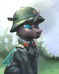 Size: 2000x2500 | Tagged: safe, artist:richmay, derpibooru import, oc, unofficial characters only, changeling, blue changeling, bust, changeling oc, clothes, feather, helmet, image, looking at you, military, military uniform, png, uniform, vietnam war, war