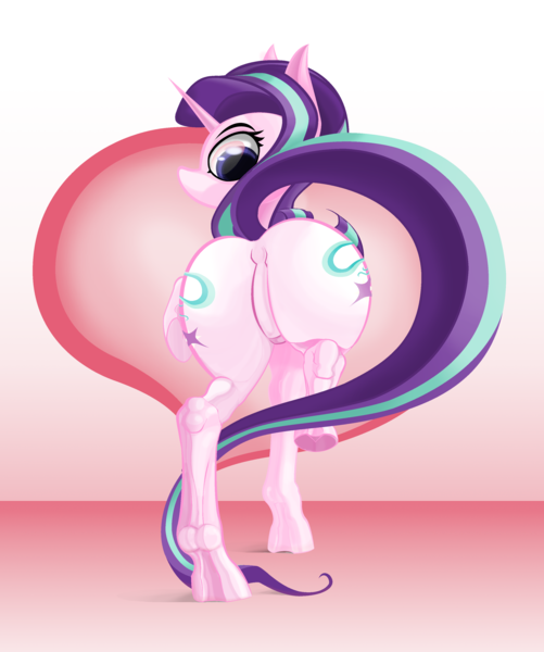 Size: 2800x3350 | Tagged: safe, anonymous artist, derpibooru import, starlight glimmer, pony, unicorn, both cutie marks, butt, cutie mark, featureless crotch, female, flank, heart, image, lifted leg, long tail, looking back, mare, no mouth, plot, png, rear view, simple background, solo, tail, underhoof