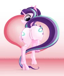 Size: 2800x3350 | Tagged: safe, anonymous artist, derpibooru import, starlight glimmer, pony, unicorn, both cutie marks, butt, cutie mark, featureless crotch, female, flank, heart, image, lifted leg, long tail, looking back, mare, no mouth, plot, png, rear view, simple background, solo, tail, underhoof