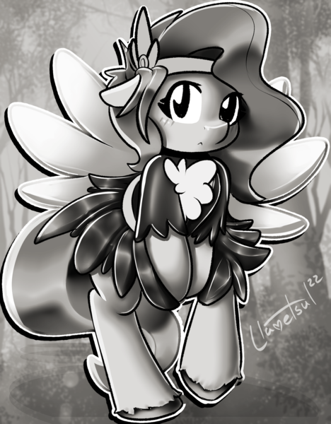 Size: 1664x2132 | Tagged: safe, artist:llametsul, derpibooru import, pipp petals, pegasus, pony, adorapipp, blushing, clothes, covering, cute, dress, female, floppy ears, g5, image, looking at you, mare, monochrome, png, solo, solo female, spread wings, unshorn fetlocks, wings