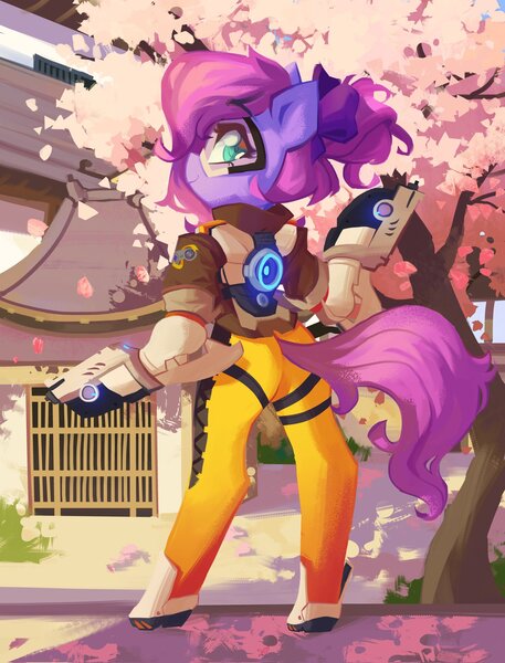 Size: 1560x2048 | Tagged: oc name needed, safe, alternate version, artist:saxopi, derpibooru import, oc, ponified, unofficial characters only, pony, semi-anthro, butt, cherry blossoms, cherry tree, clothes, colored pupils, cosplay, costume, crossover, female, flower, flower blossom, futuristic, goggles, gun, hoof shoes, image, jpeg, leg strap, looking at you, looking back, looking back at you, overwatch, plot, purple mane, purple tail, rear view, solo, tail, teal eyes, tracer, tree, video game crossover, weapon