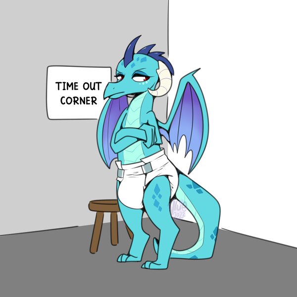 Size: 3072x3072 | Tagged: suggestive, artist:maynara, derpibooru import, princess ember, dragon, abdl, diaper, diaper fetish, fetish, image, jpeg, stool, time out