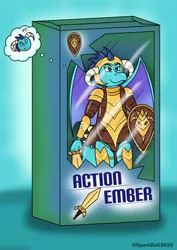 Size: 1024x1449 | Tagged: safe, artist:sparkbolt3020, derpibooru import, princess ember, dragon, action figure, armor, box, commission, confused, helmet, image, inanimate tf, jpeg, shield, sword, thought bubble, transformation, transformation sequence, weapon