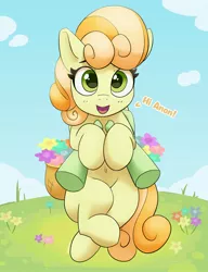 Size: 2205x2870 | Tagged: safe, artist:pabbley, derpibooru import, junebug, oc, oc:anon, earth pony, pony, basket, belly button, disembodied hand, female, flower, hand, holding a pony, image, jpeg, looking at you, male, mare, meadow, offscreen character, open mouth, open smile, smiling, smiling at you