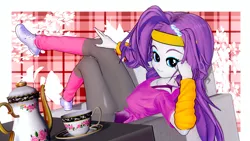 Size: 1920x1080 | Tagged: safe, artist:ratachu666, derpibooru import, rarity, equestria girls, 3d, abstract background, arm warmers, clothes, cup, exeron outfit, headband, image, koikatsu, looking at you, png, sitting, solo, teacup, teapot