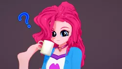 Size: 1920x1080 | Tagged: safe, artist:ratachu666, derpibooru import, pinkie pie, equestria girls, 3d, coffee mug, image, koikatsu, mug, pinkie being pinkie, png, question mark, simple background