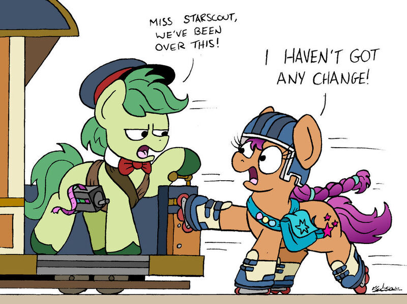 Size: 1024x764 | Tagged: safe, artist:bobthedalek, derpibooru import, sunny starscout, oc, earth pony, pony, spoiler:g5, bag, g5, hat, helmet, image, jpeg, roller skates, rollerblades, tram, trolley, unamused