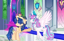 Size: 2932x1864 | Tagged: safe, artist:yulianapie26, derpibooru import, princess flurry heart, oc, alicorn, pony, alicorn oc, base used, big crown thingy, cousins, crown, duo, element of magic, female, hoof shoes, horn, image, indoors, jewelry, mare, offspring, older, older flurry heart, parent:flash sentry, parent:twilight sparkle, parents:flashlight, png, raised hoof, regalia, underhoof, wings