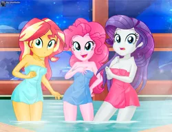 Size: 1350x1039 | Tagged: suggestive, artist:charliexe, derpibooru import, pinkie pie, rarity, sunset shimmer, equestria girls, female, hot springs, image, jpeg, night, open mouth, towel, trio, trio female, water, wet