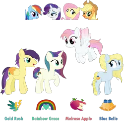 Size: 3552x3483 | Tagged: safe, artist:littlejurnalina, derpibooru import, applejack, fluttershy, rainbow dash, rarity, oc, oc:blue belle, oc:gold rush, oc:melrose apple, oc:rainbow grace, earth pony, pegasus, pony, unicorn, female, image, magical lesbian spawn, male, mare, offspring, parent:applejack, parent:fluttershy, parent:rainbow dash, parent:rarity, png, stallion