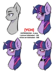 Size: 2000x2606 | Tagged: suggestive, artist:vaiola, derpibooru import, twilight sparkle, pony, unicorn, advertisement, auction, auction open, bdsm, big eyes, blushing, bust, collar, commission, cute, embarrassed, expressions, facial expressions, fetish, happy, horn, image, multiple variants, open mouth, pet play, pettwi, png, portrait, sexy, simple background, sketch, smiling, solo, sticker, tongue out, unicorn twilight, ych example, your character here, your character here auction